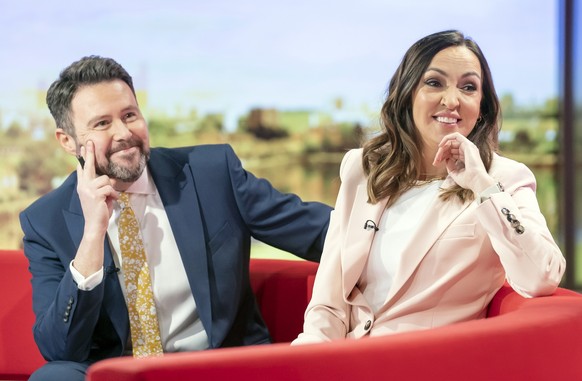 BBC Breakfast 40th anniversary. Presenters Jon Kay and Sally Nugent on the red sofa as BBC Breakfast celebrate its 40th anniversary with a special show and guests at MediaCityUK, Salford. Picture date ...