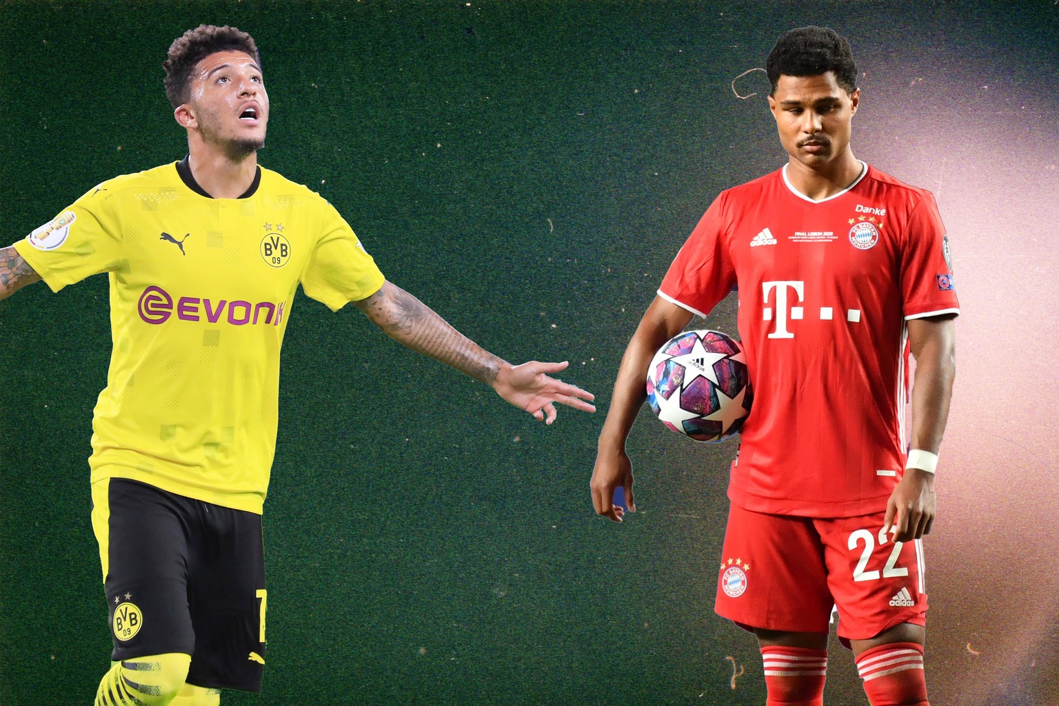 Schwarz-Gelb gegen Rot-Weiß: BVB-Youngster Jadon Sancho (l.) und Bayern-Star Serge Gnabry laufen in dieser Saison im klassischen Look auf.