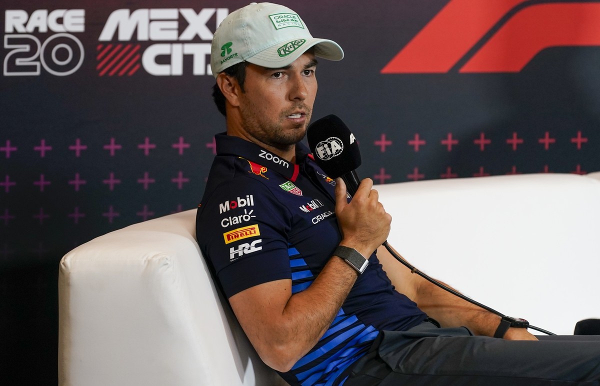 Red Bull driver Sergio Perez of Mexico gives a press conference at Hermanos Rodriguez racetrack ahead of the Formula One Mexico Grand Prix in Mexico City, Thursday, Oct. 24, 2024. (AP Photo/Moises Cas ...