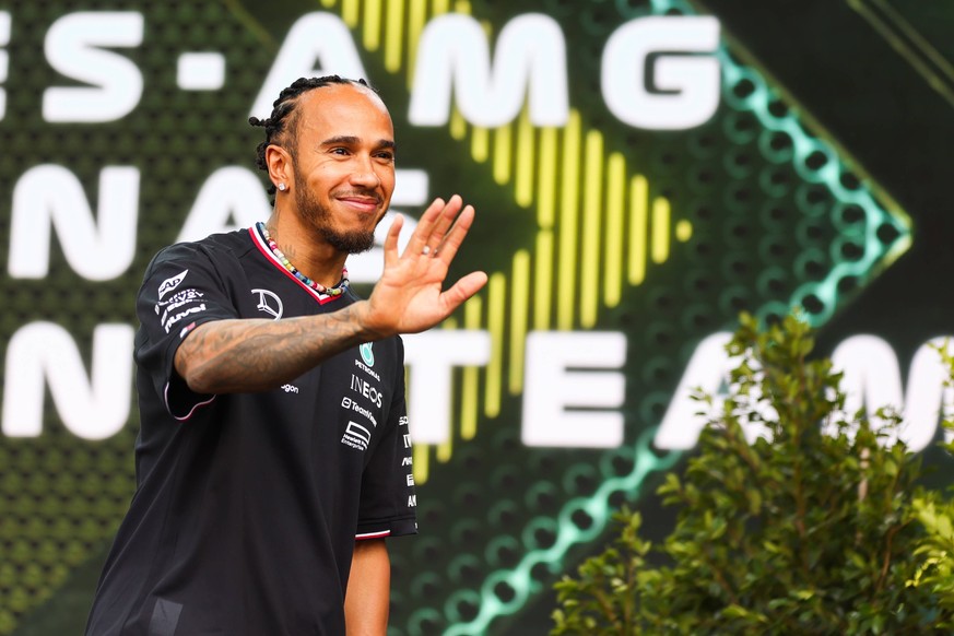 March 23, 2024, Melbourne, Victoria, Australia: MELBOURNE, AUSTRALIA - MARCH 23: Lewis Hamilton of Great Britain and Mercedes AMG Petronas F1 Team at a fan stage at the 2024 Australian Grand Prix at A ...