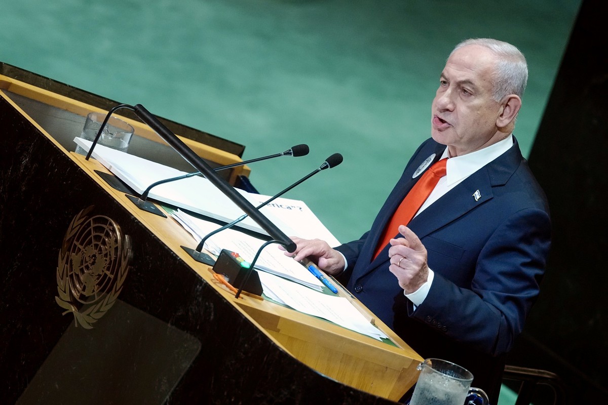 26.09.2025, USA, New York: Benjamin Netanjahu, Ministerpräsident von Israel, spricht bei der Generaldebatte der UN-Vollversammlung. Zu dem größten diplomatischen Ereignis der Welt werden über mehrere  ...