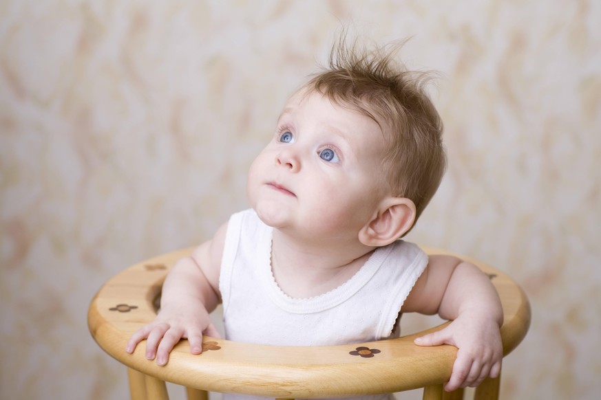 Baby boy sitting on high chair looking up, model released, , 10115852.jpg, Whites,Half-Length,Sitting,Childhood,Short Hair,Blonde Hair,Cute,Curiosity,Looking Up,Tousled,6-12 Months,Baby Boy,Studio Sho ...