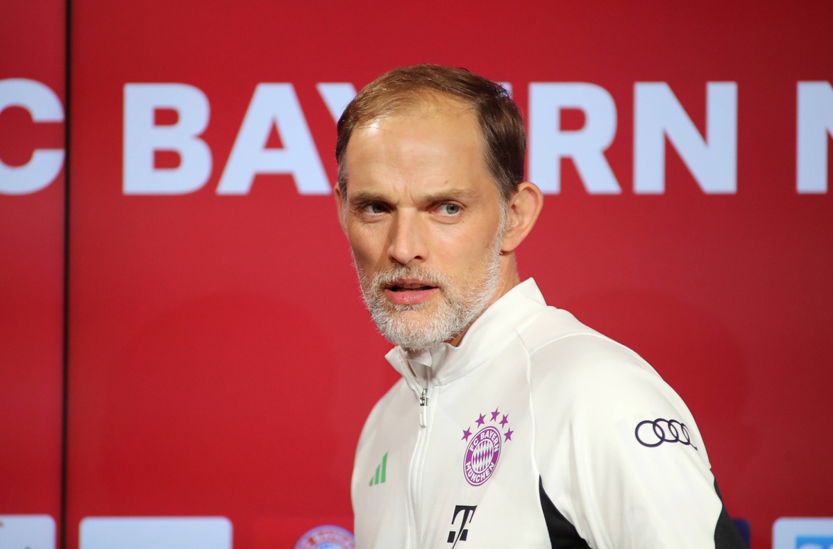 M�nchen, Deutschland 08. Oktober 2023: Fussball, Herren, Bundesliga, Saison 2023/2024, FC Bayern M�nchen - SC Freiburg, Allianz Arena Thomas Tuchel, Trainer FC Bayern M�nchen auf der Pressekonferenz,  ...