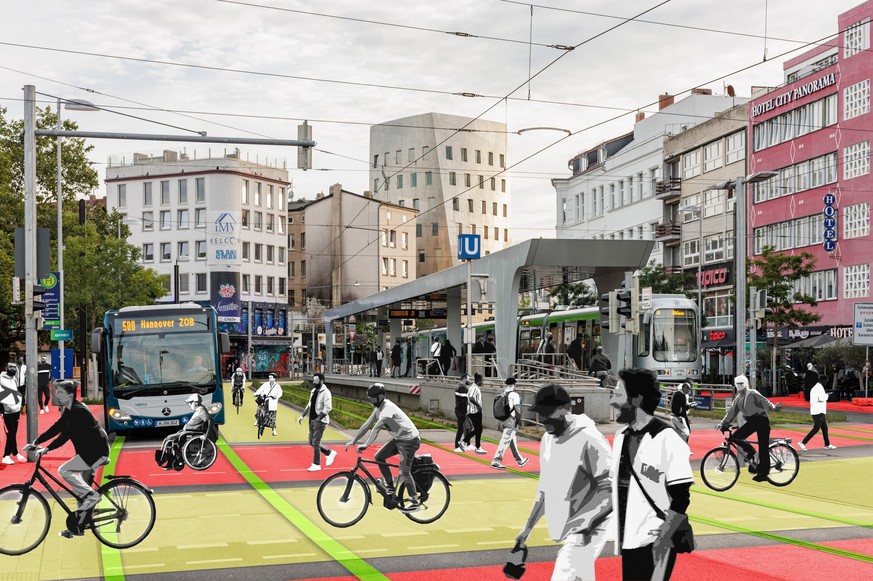 HANDOUT - 14.09.2023, Hannover: Diese undatierte Visualisierung zeigt eine mögliche zukünftige Verkehrslenkung auf dem Steintorplatz in Hannover. Die Stadt Hannover hat ein Mobilitätskonzept für die I ...