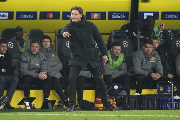Dortmund&#039;s head coach Edin Terzic gestures during the Champions League, round of 16, first leg soccer match between Borussia Dortmund and Chelsea FC in Dortmund, Germany, Wednesday, Feb. 15, 2023 ...