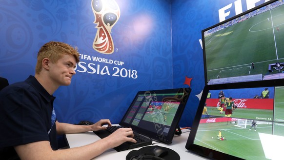 MOSCOW REGION, RUSSIA - JUNE 9, 2018: The FIFA VAR room in the 2018 World Cup International Broadcast Center (IBC) in the Crocus Expo International Exhibition Centre ahead of the upcoming FIFA World C ...