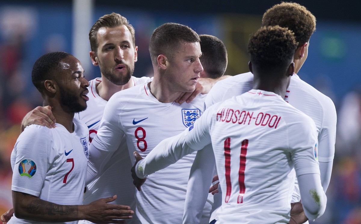 25th March 2019, Podgorica City Stadium, Podgorica, Montenegro; UEFA European Championships Qualification football, Montenegro versus England; Ross Barkley of England celebrates scoring his goal for 1 ...