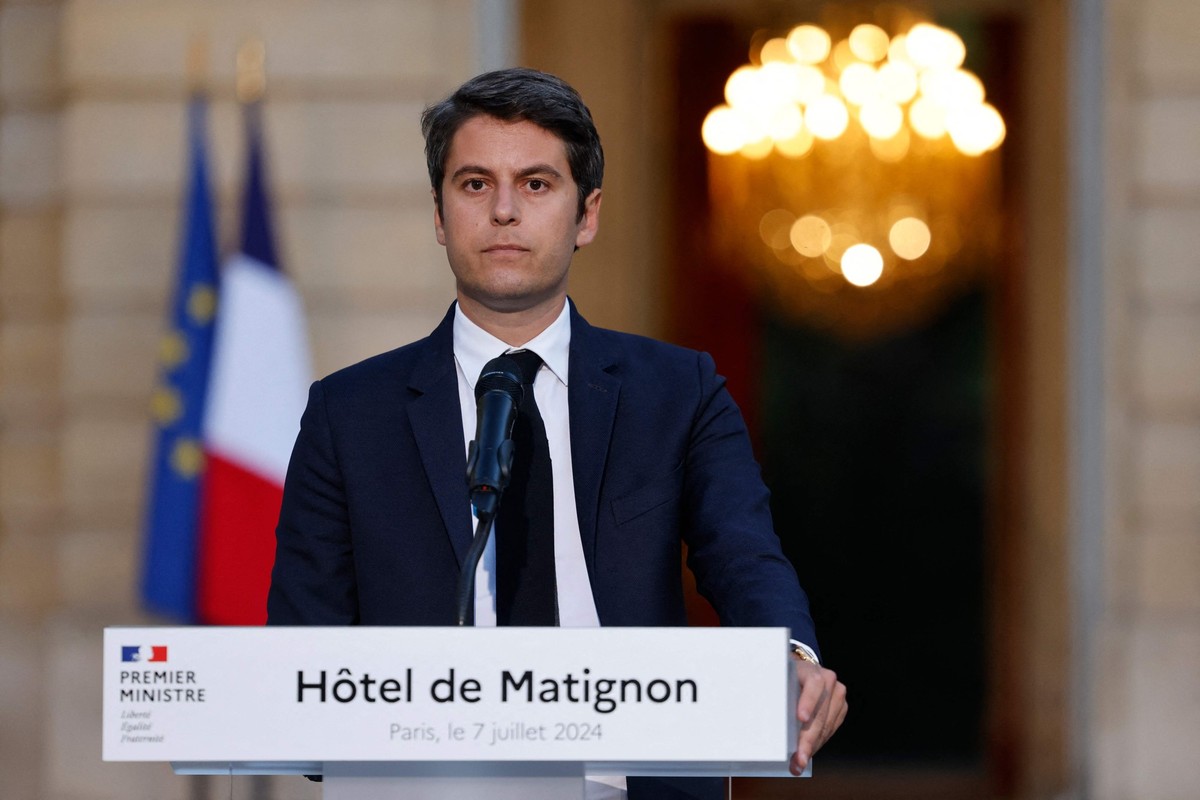 dpatopbilder - 07.07.2024, Frankreich, Paris: Frankreichs Premierminister Gabriel Attal h�lt eine Rede nach den ersten Ergebnissen der zweiten Runde der franz�sischen Parlamentswahlen. Der franz�sisch ...