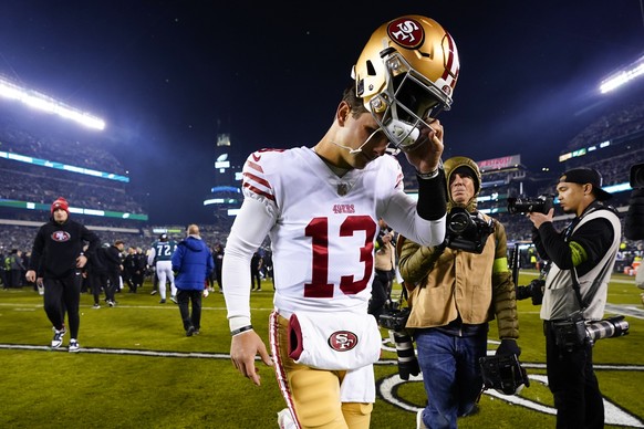 San Francisco 49ers quarterback Brock Purdy leaves the field after the NFC Championship NFL football game between the Philadelphia Eagles and the San Francisco 49ers on Sunday, Jan. 29, 2023, in Phila ...