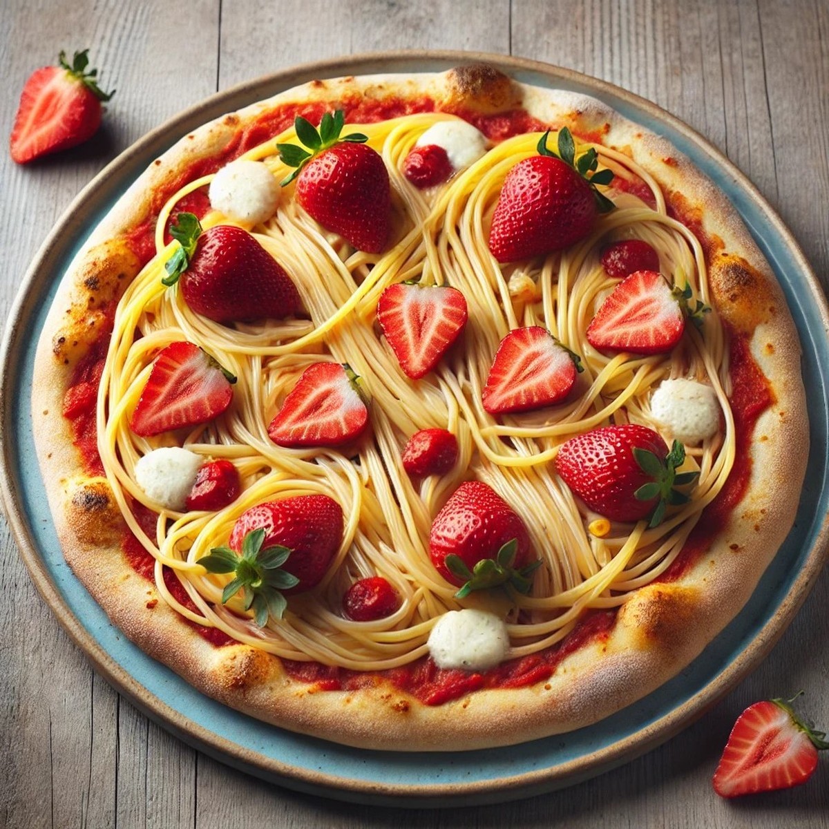 Eine Pizza mit Erdbeeren und Pasta fiel bei der Pizzeria in Dubai durch (Bild KI-generiert).
