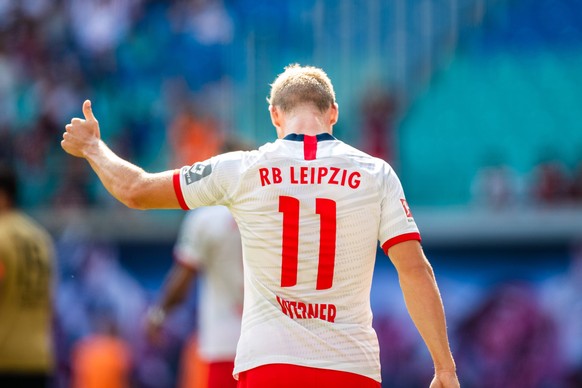 Timo Werner ( 11 RB Leipzig) zum 1:0 waehrend der Saison 2019-2020 in der 1. Fussball Bundesliga (Herren) zwischen RB Leipzig und Eintracht Frankfurt in der Red Bull Arena am 25. August 2019 in Leipzi ...