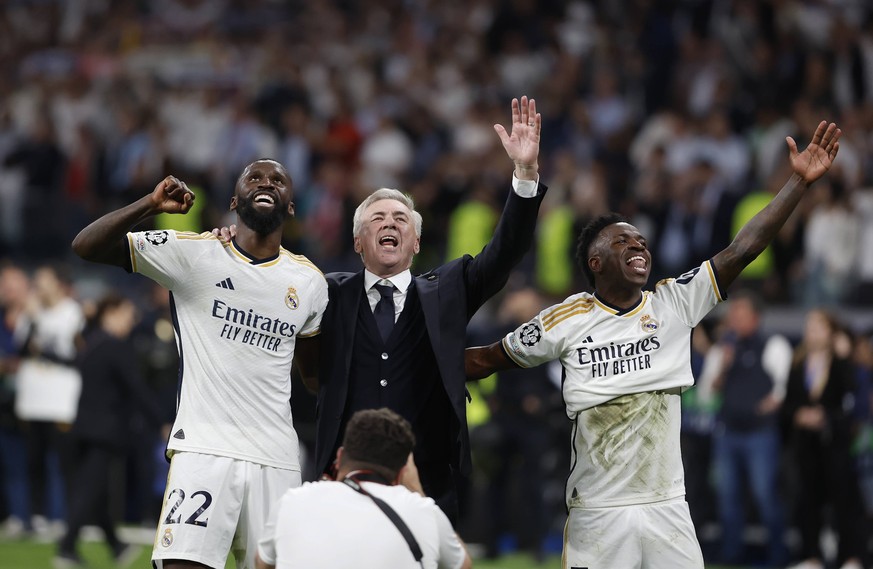 Partido de vuelta de semifinales de la Liga de Campeones entre el Real Madrid y el Bayern Munich. En la imagen, Joselu celebra uno de sus dos goles. Second leg of Champions League semifinal between Re ...