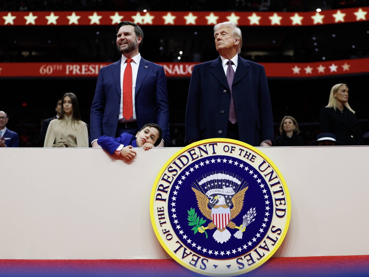 Vice President J.D. Vance and President Donald Trump watch during an indoor inauguration parade at the Capital One Arena in Washington DC on Monday, January 20, 2025. Pool photo by Anna Moneymaker/ PU ...