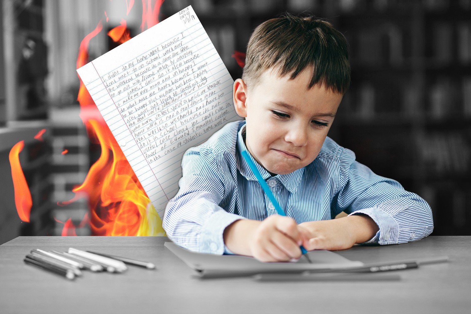 Cute confused smiling boy doing homework, coloring pages, writing and painting . Children paint. Kids draw. Preschooler with books in the library. Colorful pencils and paper on a desk. Creative boy.