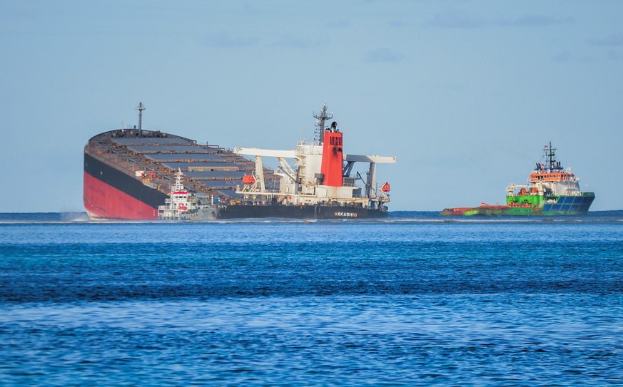 A general view shows the bulk carrier ship MV Wakashio, belonging to a Japanese company but Panamanian-flagged, that ran aground on a reef, at the Riviere des Creoles, Mauritius, August 11, 2020. REUT ...