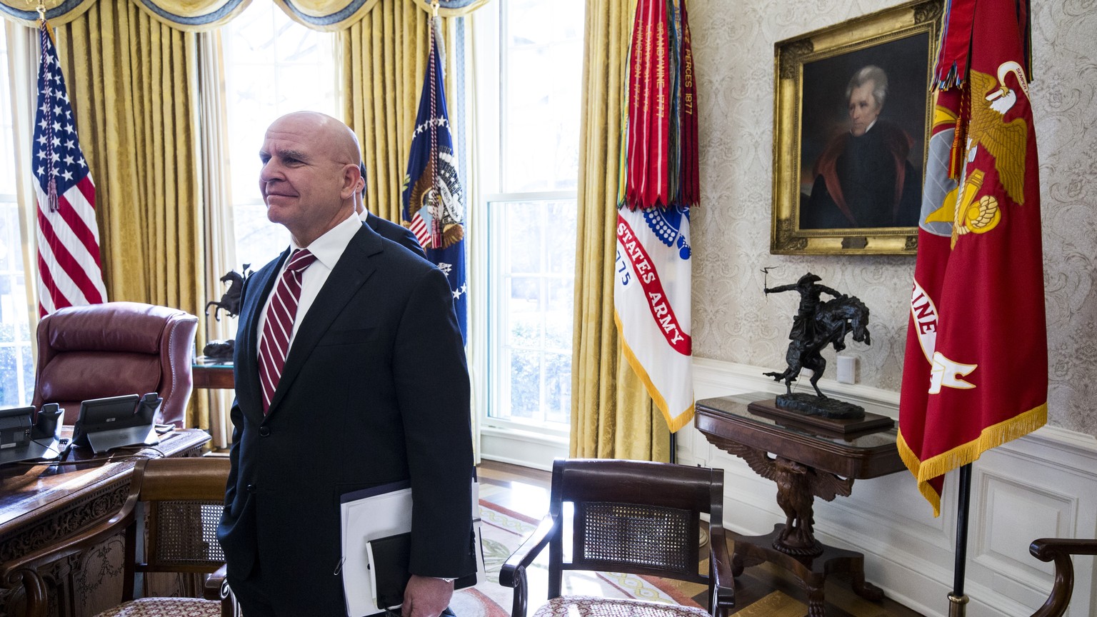 WASHINGTON, DC - FEBRUARY 02: H.R. McMaster, national security advisor, listens as U.S. President Donald Trump meets with North Korean defectors in the Oval Office of the White House on February 2, 20 ...