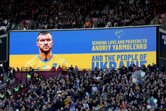 West Ham United v Wolverhampton Wanderers - Premier League - London Stadium. A message supporting West Ham United's Andriy Yarmolenko and the people of Ukraine is displayed on screen ahead of the Prem ...