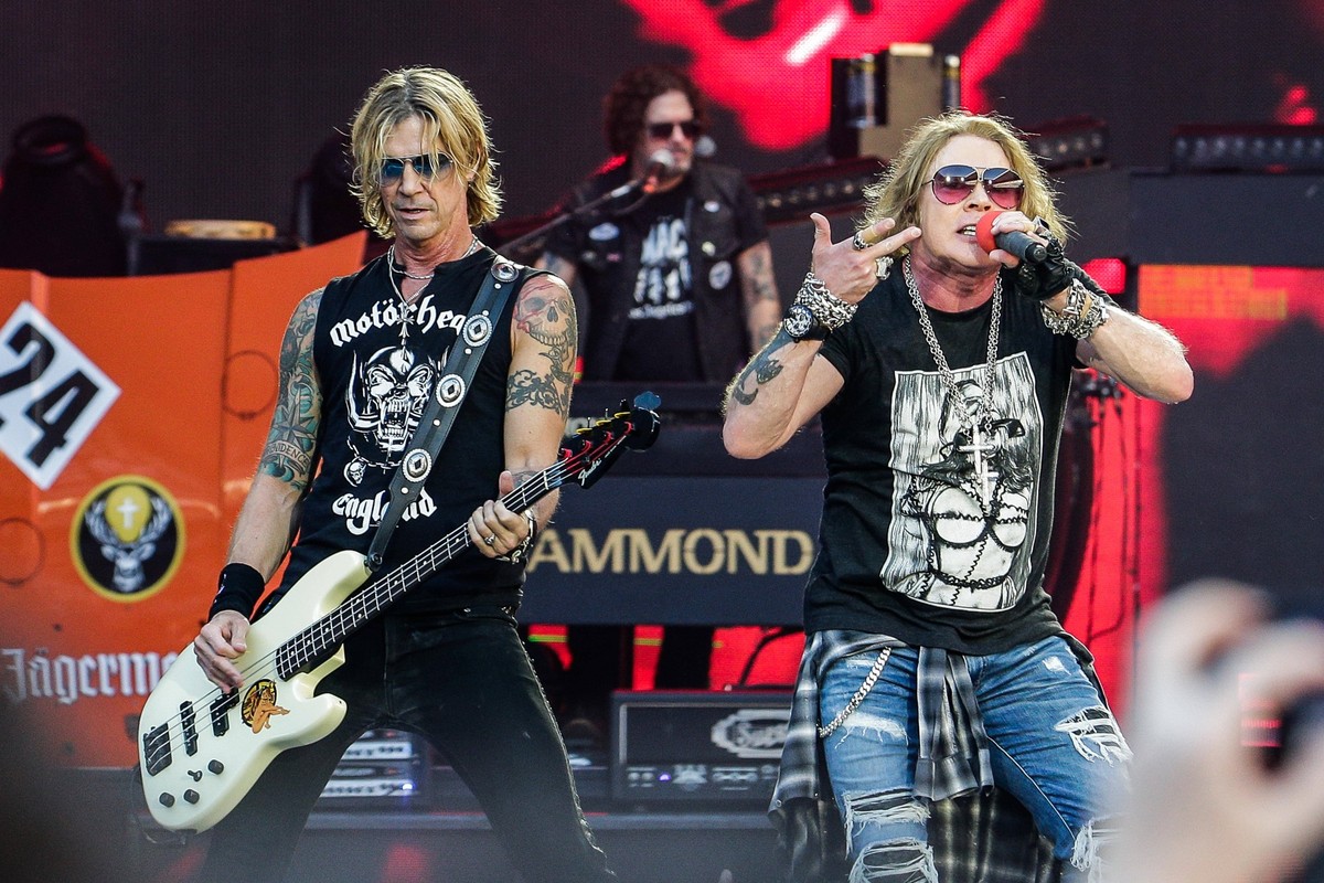 Guns N Roses In Concert - Bordeaux Guns N Roses vocalist Axl Rose and bassist Duff McKagan perform live at stade Matmut as part of their world tour in Bordeaux, France, June 26, 2018. Photo by Thibaud ...