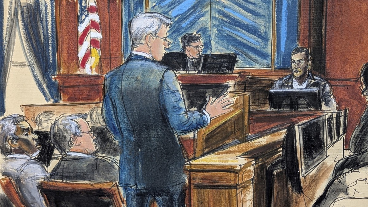 Defense attorney Brian Steel, center, cross examines Kid Cudi, far right, as Sean &quot;Diddy&quot; Combs, far left, looks on during Combs&#039; sex trafficking and racketeering trial in Manhattan fed ...