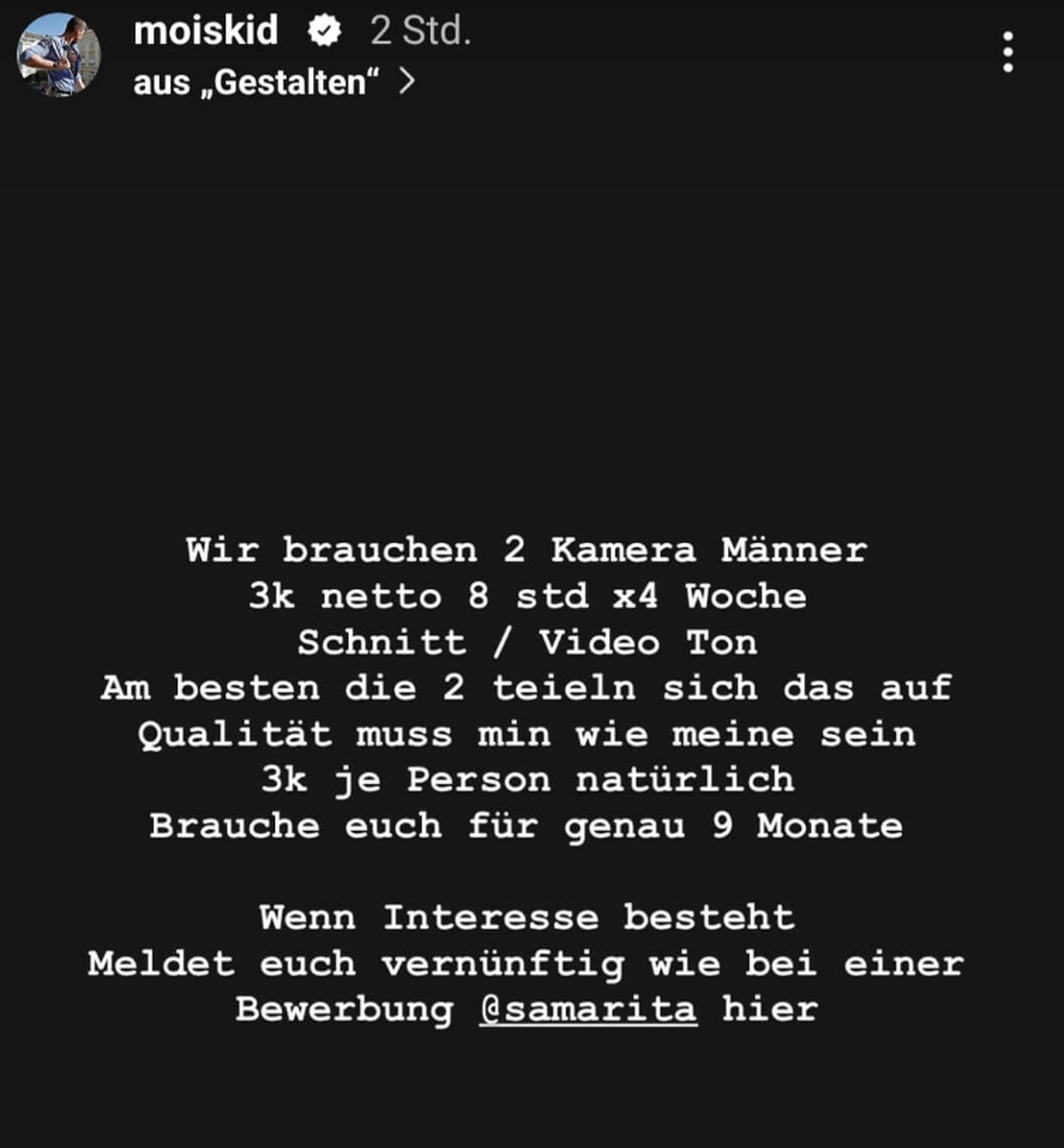 Rapper Mois sucht zwei Mitarbeiter:innen über Instagram.