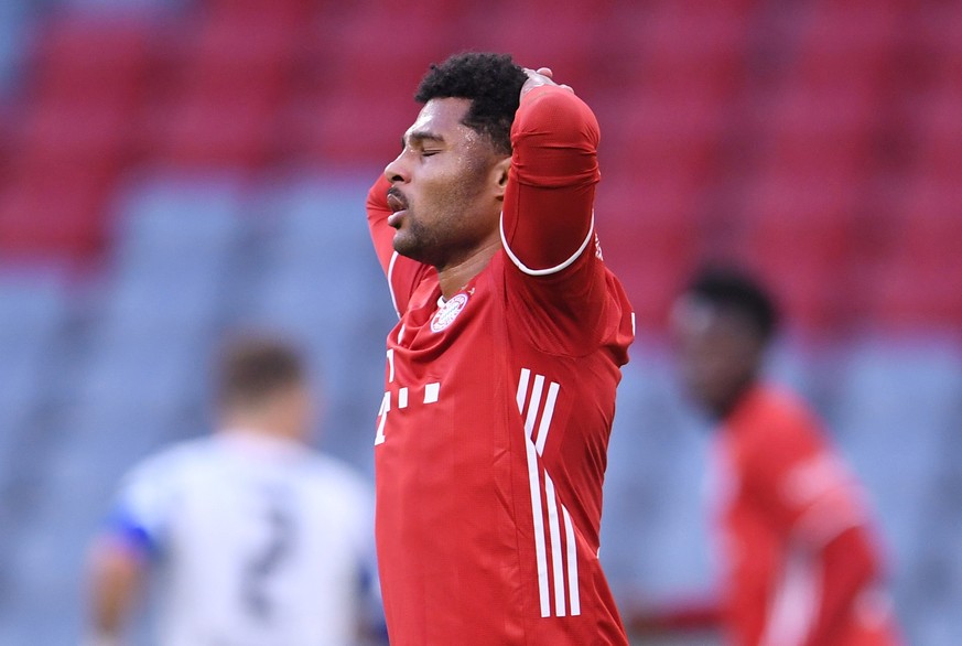 FILE PHOTO: Soccer Football - Bundesliga - Bayern Munich v Hertha BSC - Allianz Arena, Munich, Germany - October 4, 2020. Bayern Munich’s Serge Gnabry reacts. Pool via REUTERS/Andreas Gebert DFL regul ...