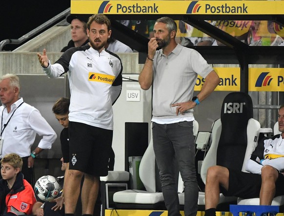 30.08.2019, Fussball GER, Saison 2019 2020, 1. Bundesliga, 3. Spieltag, Borussia Moenchengladbach - RB Leipzig 1:3, Trainer Marco Rose (Borussia Moenchengladbach), re., und Co Trainer Rene Maric (Boru ...