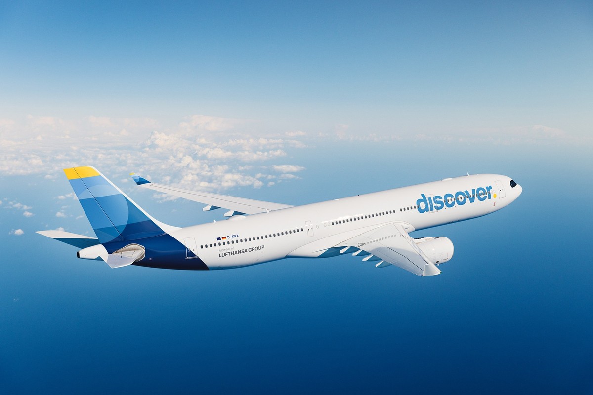 HANDOUT - 05.09.2023, ---, -: Die Illustration zeigt ein Flugzeug der discover.airlines. Die vor zwei Jahren neu gegründete Ferienflugtochter der Lufthansa Group erhält einen neuen Auftritt. Aus der G ...