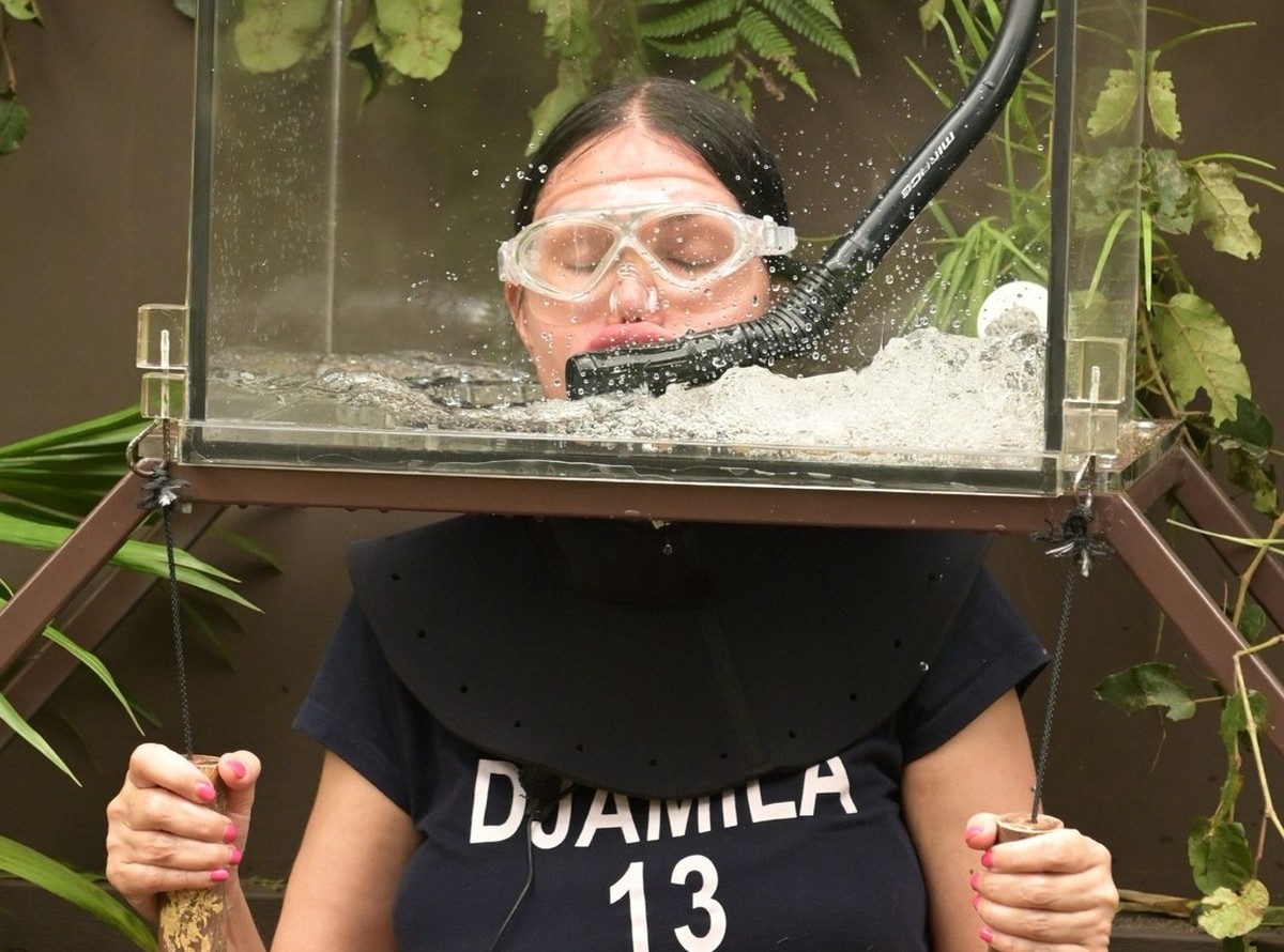 ACHTUNG: SPERRFRIST FÜR ALLE MEDIEN BIS SONNTAG, 29.01.2023, 24.00 UHR !!! Tag 17. Djamila Rowe kämpft in der Dschungelprüfung "Korrekt" um die Vorspeisen. Das Aquarium soll erst mit Wasser ...