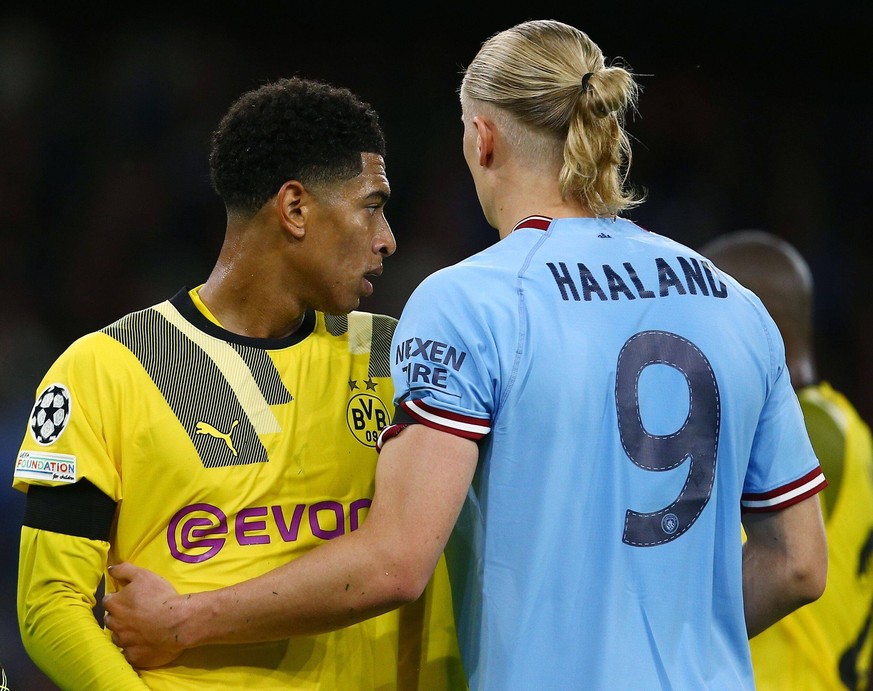 Mandatory Credit: Photo by Matt West/Shutterstock 13388092ck Jude Bellingham of Borussia Dortmund and Erling Haaland of Manchester City Manchester City v Borussia Dortmund, UEFA Champions League, Grou ...