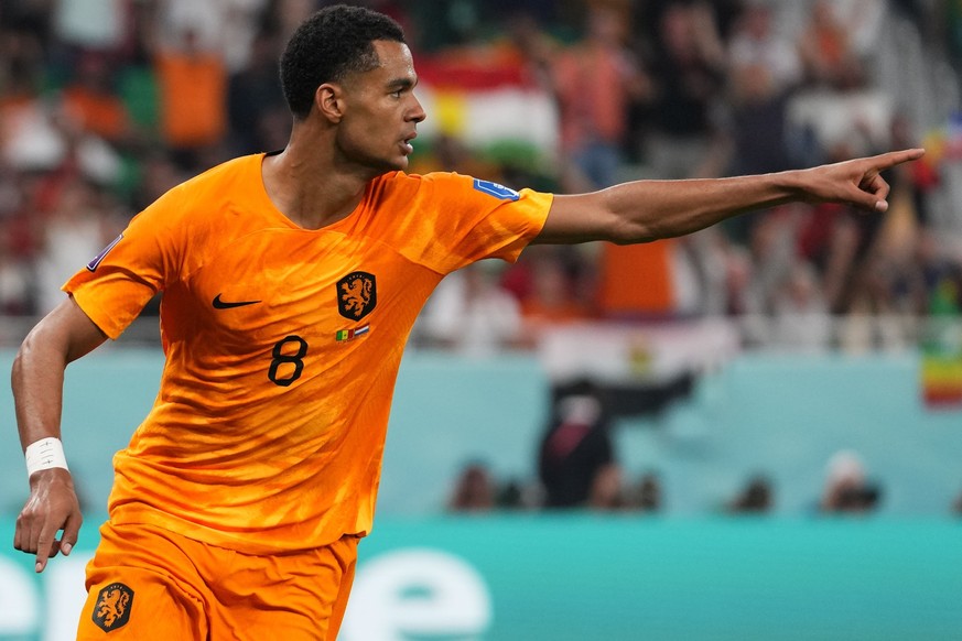 Cody Gakpo of the Netherlands celebrates scoring the opening goal during the World Cup, group A soccer match between Senegal and Netherlands at the Al Thumama Stadium in Doha, Qatar, Monday, Nov. 21,  ...