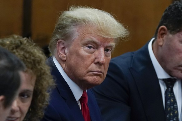Former President Donald Trump appears in court for his arraignment, Tuesday, April 4, 2023, in New York. (Timothy A. Clary/Pool Photo via AP)