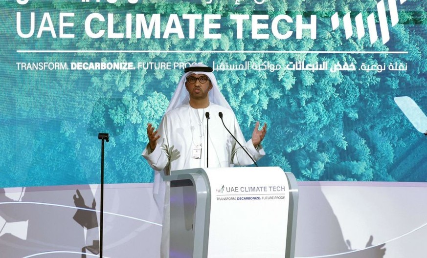 Sultan al-Jaber, chief executive of the UAE&#039;s Abu Dhabi National Oil Company (ADNOC) and president of this year&#039;s COP28 climate, talks during the &quot;UAE Climate Tech&quot; conference in A ...