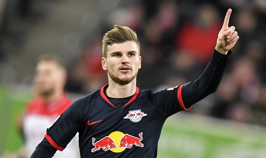 Leipzig's Timo Werner celebrates after scoring a penalty during the German Bundesliga soccer match between Fortuna Duesseldorf and RB Leipzig in Duesseldorf, Germany, Saturday, Dec. 14, 2019. (AP Phot ...