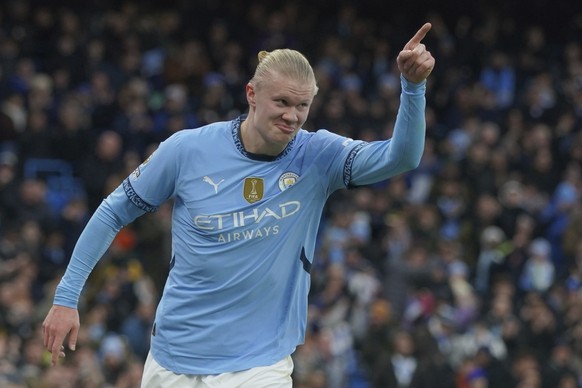 Manchester City&#039;s Erling Haaland celebrates after scoring his side&#039;s 2nd goal against West Ham during a English Premier League soccer match at Etihad stadium in Manchester, England, Saturday ...