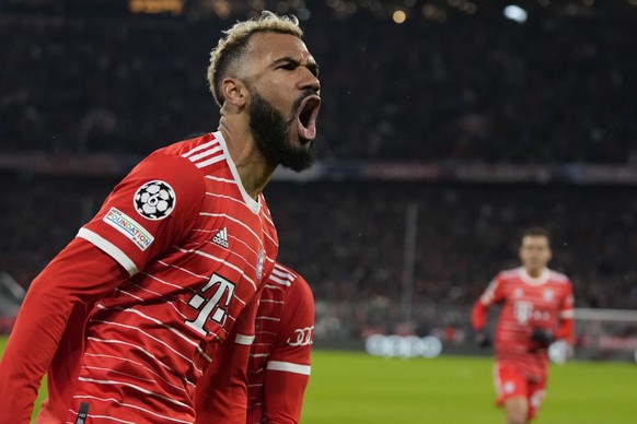 Bayern's Eric Maxim Choupo-Moting celebrates a goal that was later dissallowed during the Champions League round of 16 second leg soccer match between Bayern Munich and Paris Saint Germain at the ...