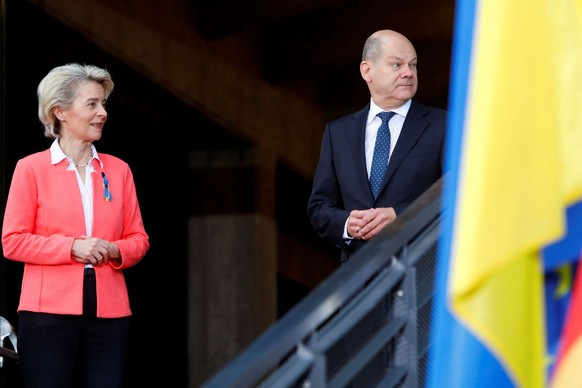 German Chancellor Olaf Scholz and EU Commission President Ursula von der Leyen stand ahead of a conference on post-war reconstruction of Ukraine in Berlin, Germany, October 25, 2022. REUTERS/Michele T ...