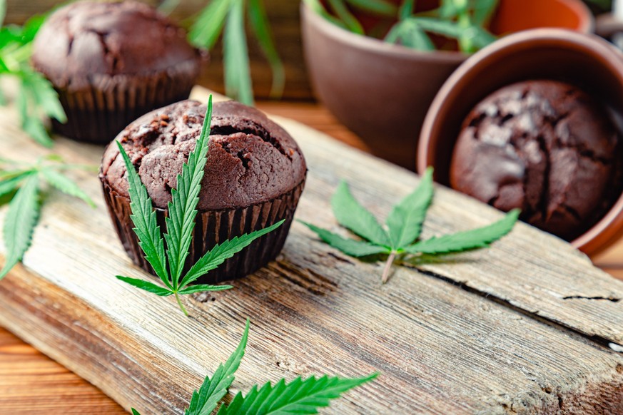 Cooking baking chocolate weed muffins. Cupcake with marijuana on wooden table. Chocolate cupcake muffins with cannabis weed cbd. Medical marijuana hemp drugs in food dessert, ganja legalization.