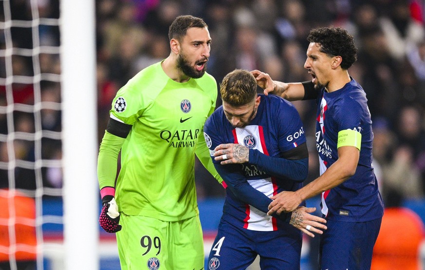 Gianluigi Donnarumma PSG / Marquinhos PSG / Sergio Ramos PSG FOOTBALL : PSG vs Bayern de Munich -1/8e finale - ligue des Champions - 14/02/2023 JBAutissier/Panoramic PUBLICATIONxNOTxINxFRAxITAxBEL