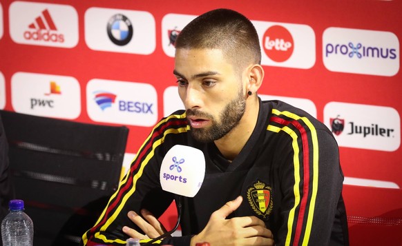 Belgium s Yannick Carrasco pictured during a press conference, PK, Pressekonferenz before a training session of Belgian national soccer team the Red Devils, Wednesday 05 June 2019. The team will be pl ...