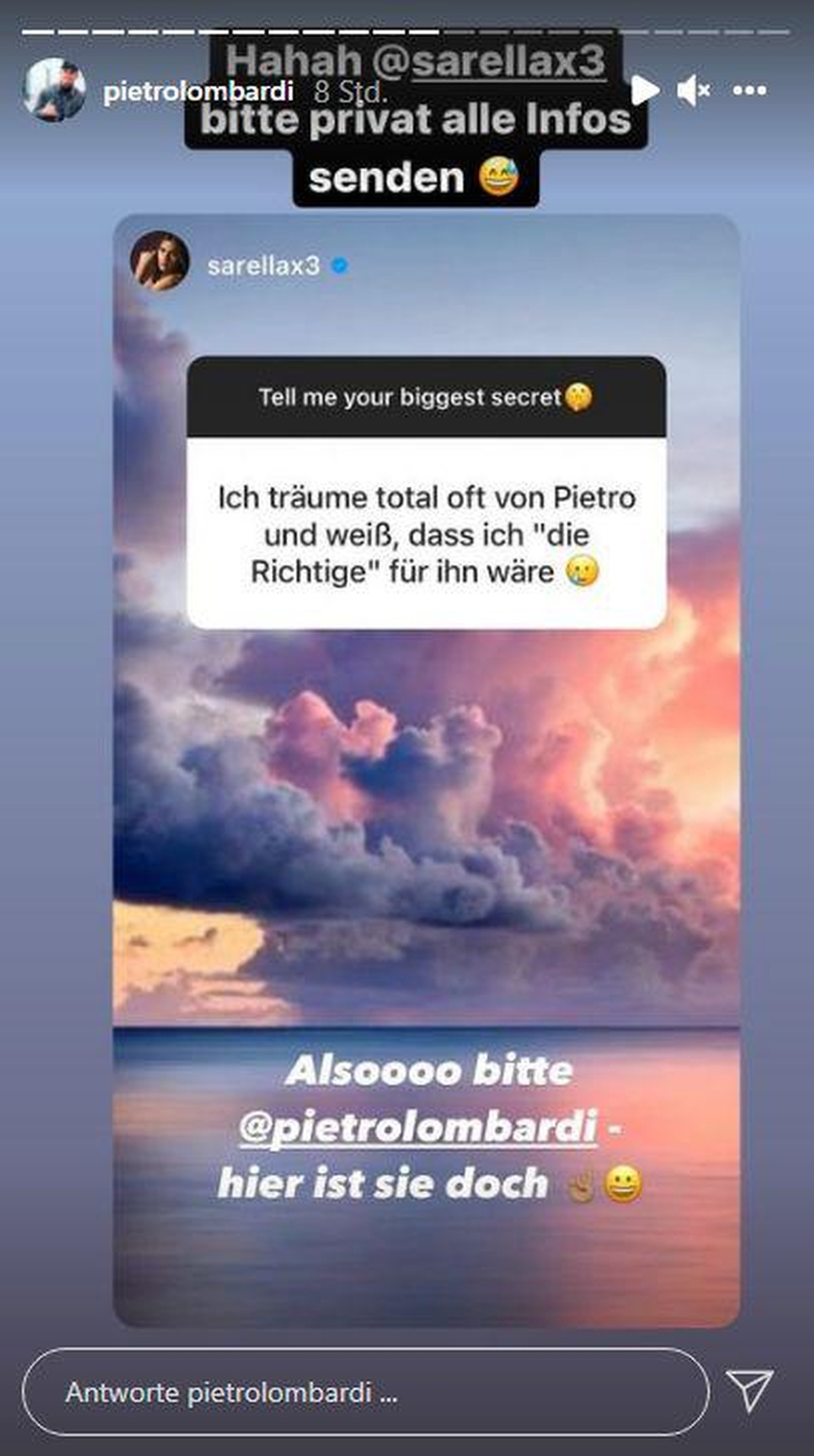 Pietro Lombardi teilt Sarah Engels' Insta-Story.