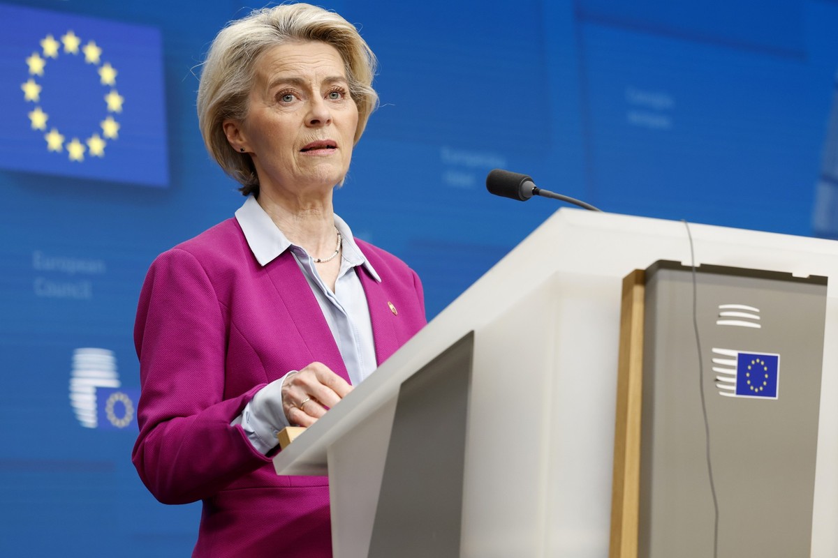 European Commission President Ursula von der Leyen talks to journalists during a joint news conference with European Council President Charles Michel during an EU summit in Brussels, Thursday, Feb. 1, ...