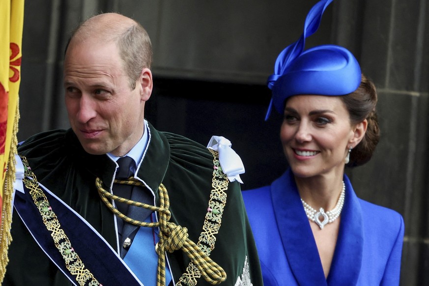 Britain&#039;s Prince William and Kate, the Princess of Wales depart, after a National Service of Thanksgiving and Dedication for King Charles III and Queen Camilla, in Edinburgh, Wednesday, July 5, 2 ...