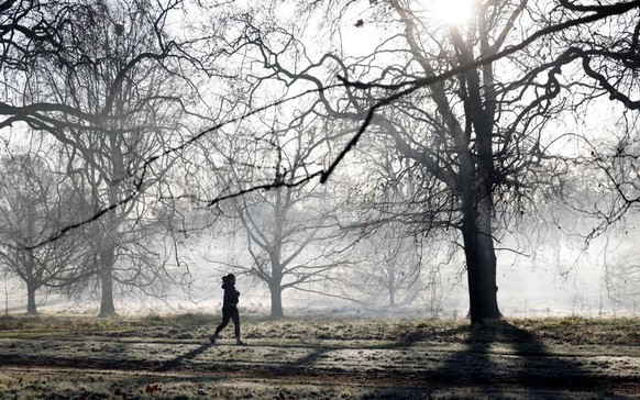 A jogger runs to exercise in a frost-covered Hyde Park in London on January 18, 2022. (Photo by Tolga Akmen / AFP) (Photo by TOLGA AKMEN/AFP via Getty Images)