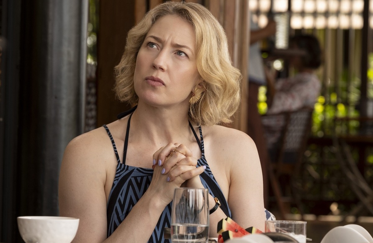 This image released by HBO shows Carrie Coon in a scene from &quot;The White Lotus.&quot; (HBO via AP)