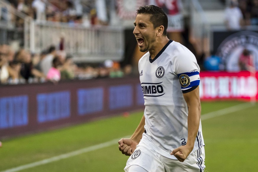 Aug 4, 2019; Washington, DC, Washington, DC, USA; Philadelphia Union midfielder Alejandro Bedoya (11) celebrates after scoring a goal against the D.C. United during the first half at Audi Field. Manda ...