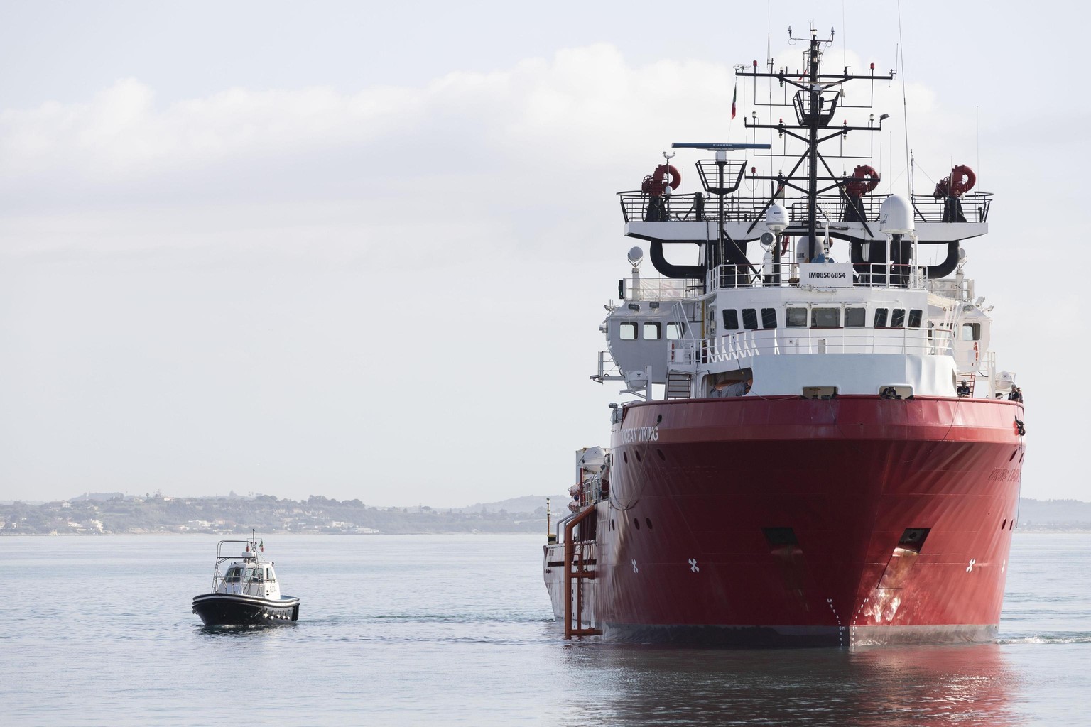 The humanitarian rescue ship Ocean Viking arrives at Pozzallo harbor, in Sicily, southern Italy, Wednesday, Oct. 30, 2019. A humanitarian rescue ship operated by two French charities has arrived at a  ...