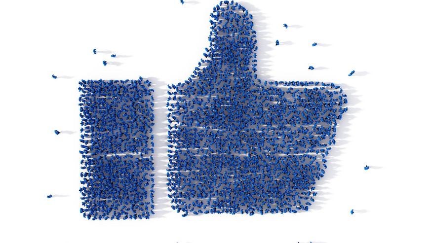 Large group of people forming a thumb up icon on white. Social media concept. 3d illustration