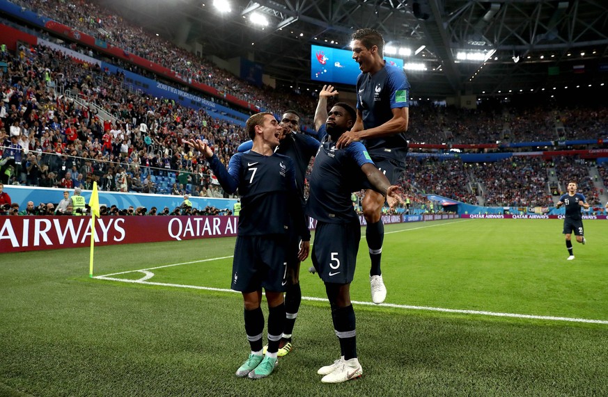 France v Belgium - FIFA World Cup WM Weltmeisterschaft Fussball 2018 - Semi Final - St Petersburg Stadium France s Samuel Umtiti (5) celebrates scoring his side s first goal of the game with team-mate ...