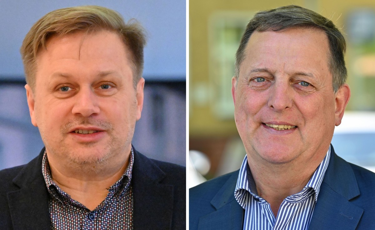 12.05.2023, Brandenburg, Storkow: Frank Steffen (l, SPD, aufgenommen am 06.01.2023 in Potsdam) und Rainer Galla (AfD, aufgenommen am 12.05.2023 in Storkow) bewerben sich für den Posten des Landrates i ...