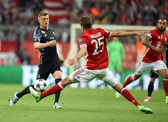 Thomas Müller trifft im Halbfinale der Champions League mit Bayern auf Nationalmannschaftskollege Toni Kroos (l./Real Madrid)